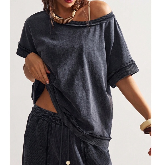 Mineral Wash Star Patch Short Sleeve Loose fit Top Wide Leg Pants set - Picture 5 of 7